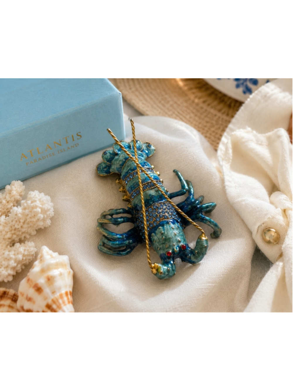 Atlantis Paradise Island Blue Lobster Brooch Rhinestone Enamel Statement Pin